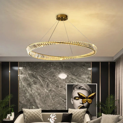 Modern crystal LED chandelier with decorative steel ring - vue 2 sur 13