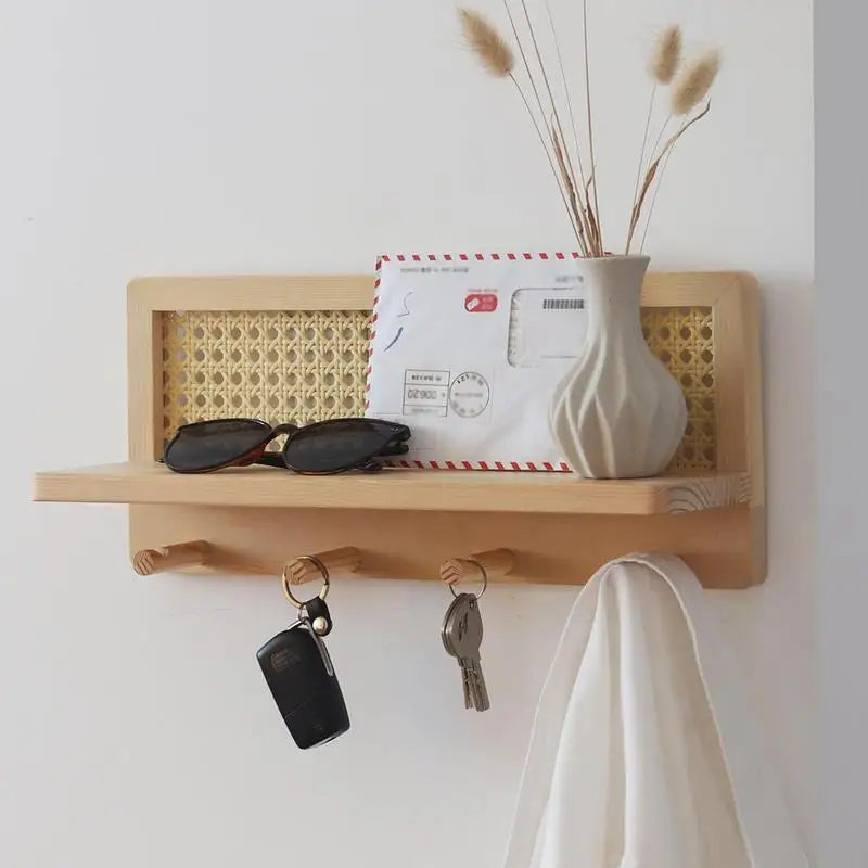 rattan and wood wall shelf with hooks rustic and bohemian decor