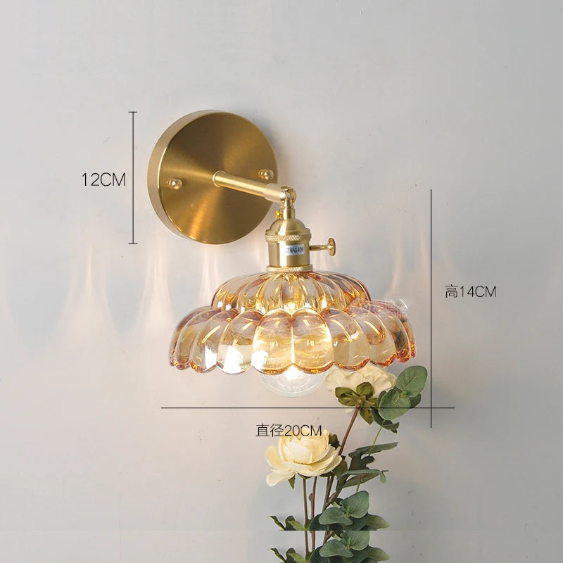 Glass and copper wall light with decorative floral design