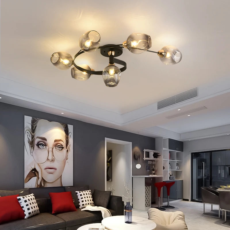 Modern Nordic spiral glass and iron chandelier