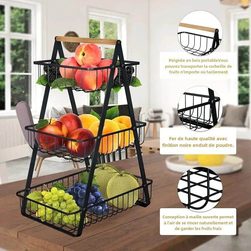 three-tier metal fruit basket for vegetable storage