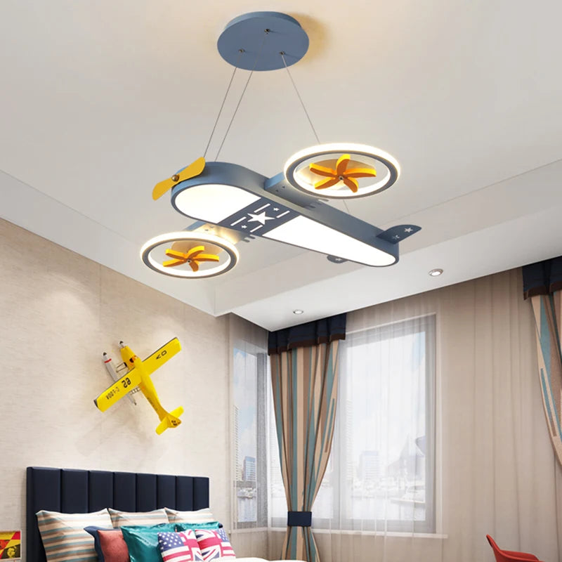 Cartoon airplane LED chandelier with remote control for children - vue 5 sur 8