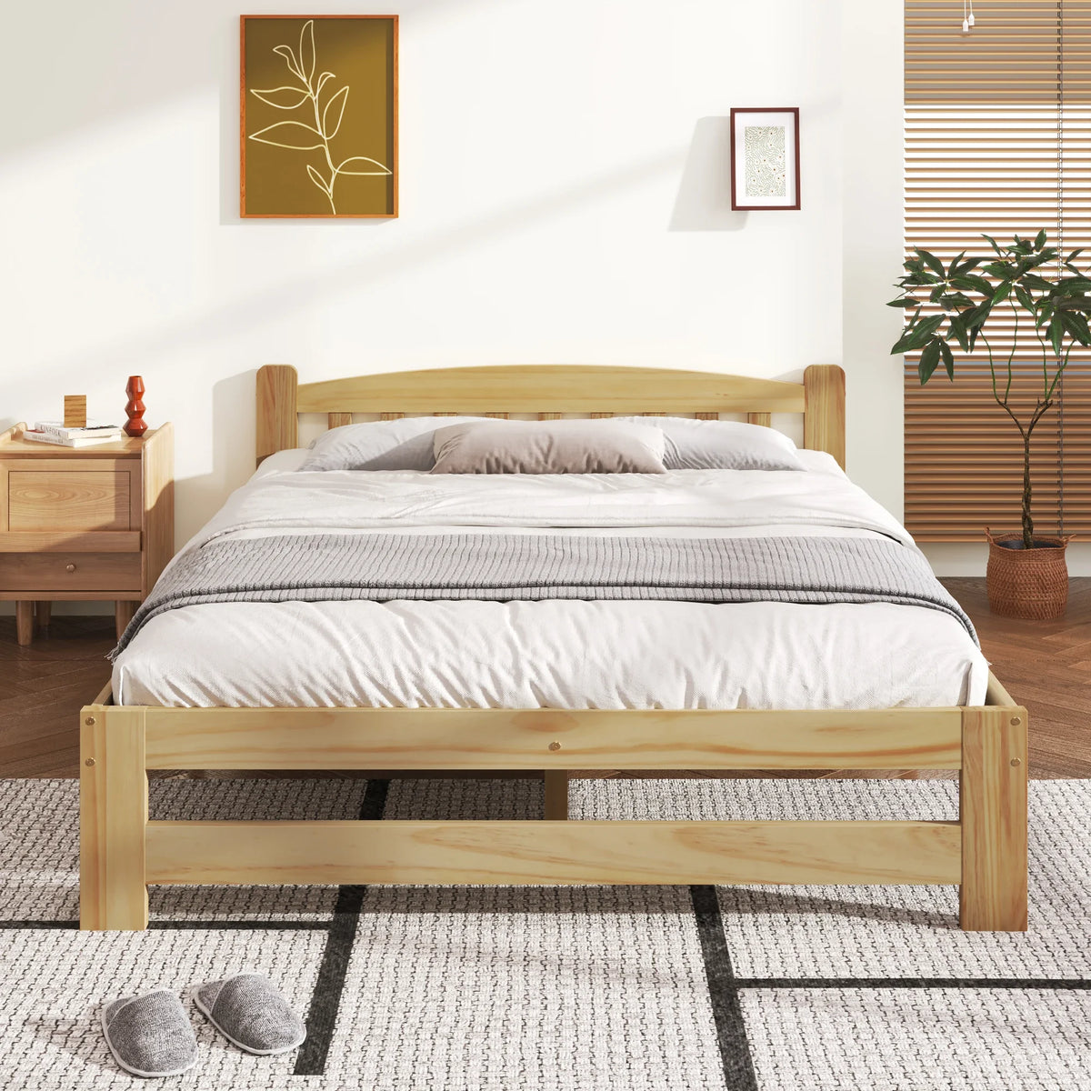 VSOGA 140/90 x 200 Cm, Solid Solid Wood Bed, Futon Bed, Double Bed, Solid Wood Natural Bed with Headboard and Slatted Frames, - vue 1 sur 7