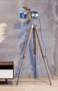 Industrial wood floor lamp with vintage hinged tripod