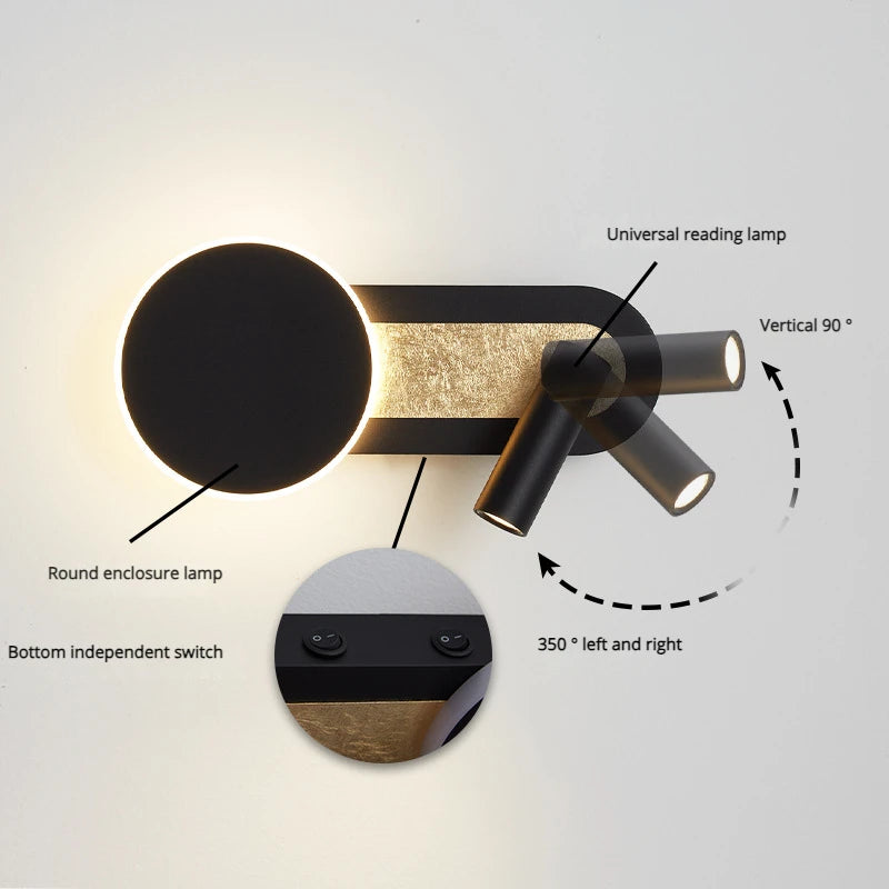 Modern nordic LED rotary wall light with switch - vue 3 sur 8