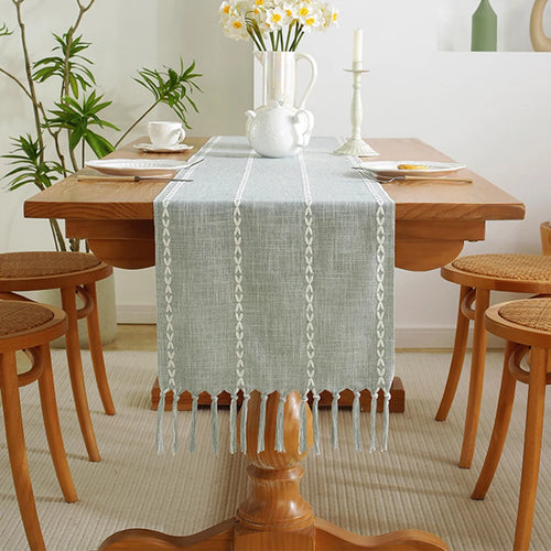 Boho cotton linen table runner with woven tassels - vue 6 sur 7