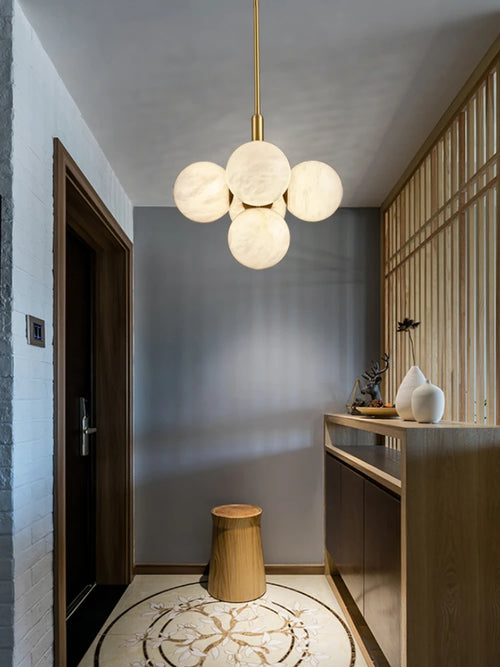 Minimalist and creative round marble all-copper chandelier - vue 6 sur 9