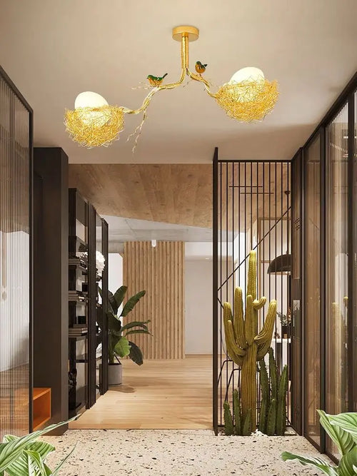Modern LED chandelier with bird's nest design and glass ball - vue 6 sur 14
