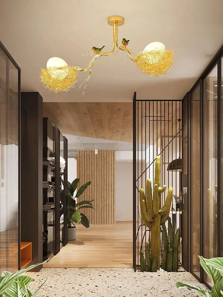 Modern LED chandelier with bird's nest design and glass ball - vue 5 sur 14