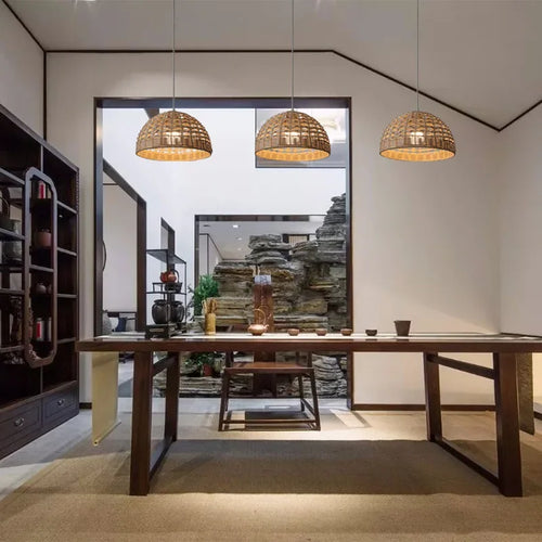 Rattan pendant chandelier with lampshade for hanging lighting - vue 4 sur 17