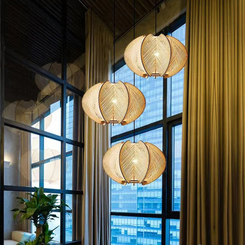 Fabric and wood pendant light for shop and hotel - vue 4 sur 10