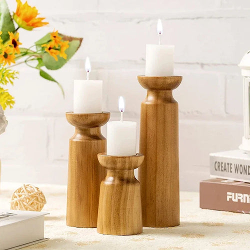 Set of 3 natural wood candle holders for retro wedding decor - vue 3 sur 6