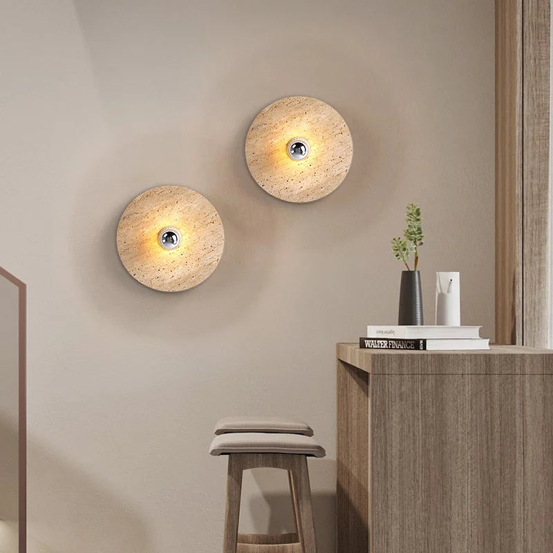 Retro LED wall light with round natural stone