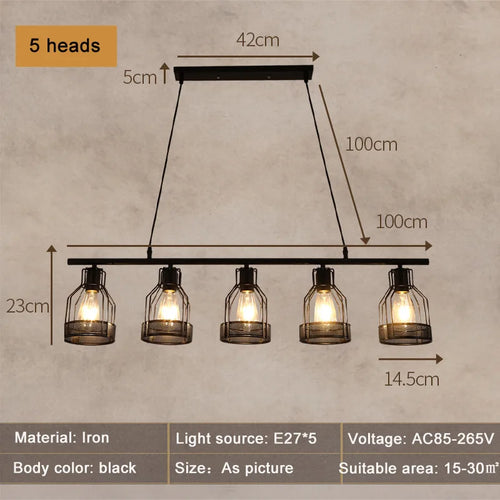 Retro loft industrial style chandelier with 3, 4 or 5 heads pendant - vue 8 sur 9