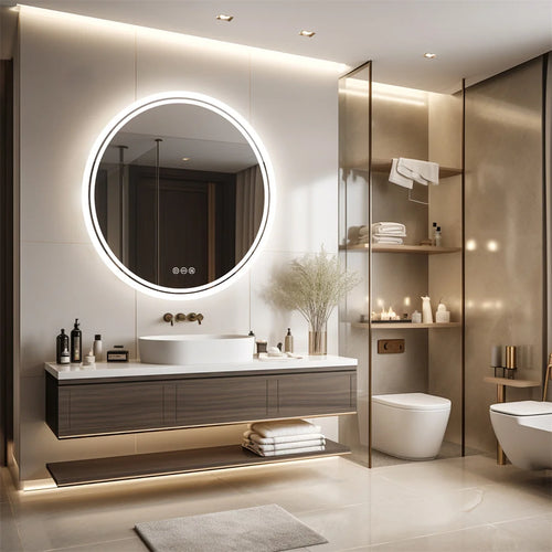 round mirror with backlit LED touchscreen anti-fog wall mounting