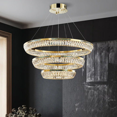 Modern crystal and copper chandelier three-tier indoor lighting - vue 2 sur 14