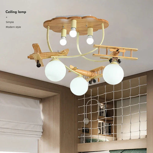 Wooden airplane LED ceiling light for children's bedroom - vue 4 sur 7