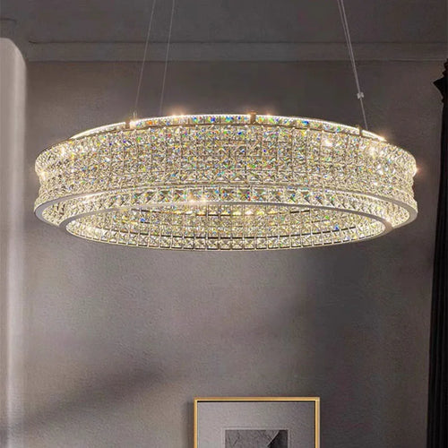 Modern clear crystal chandelier in stainless steel with dimmable light and adjustable cord - vue 3 sur 9