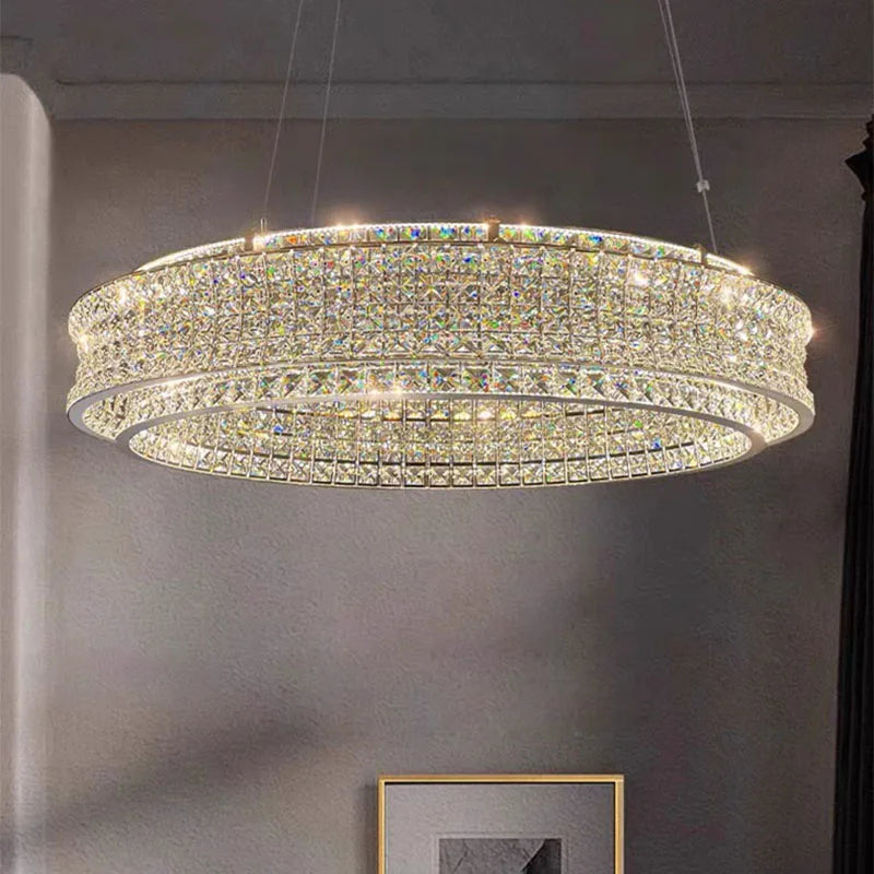 Modern clear crystal chandelier in stainless steel with dimmable light and adjustable cord