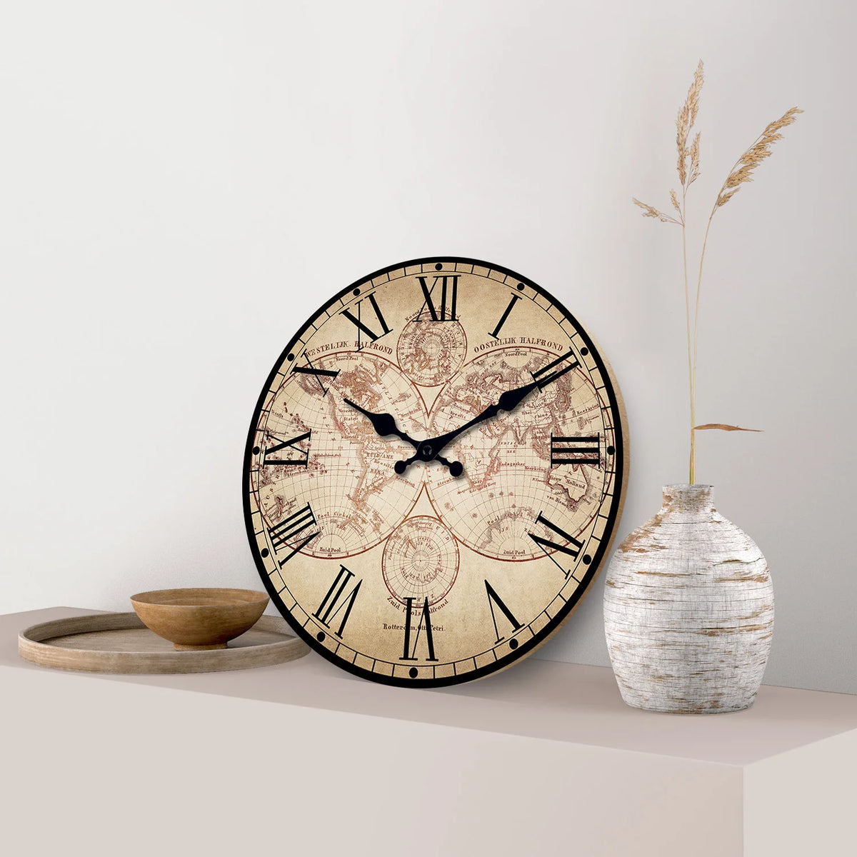 retro wooden wall clock with compass decorative nautical pattern