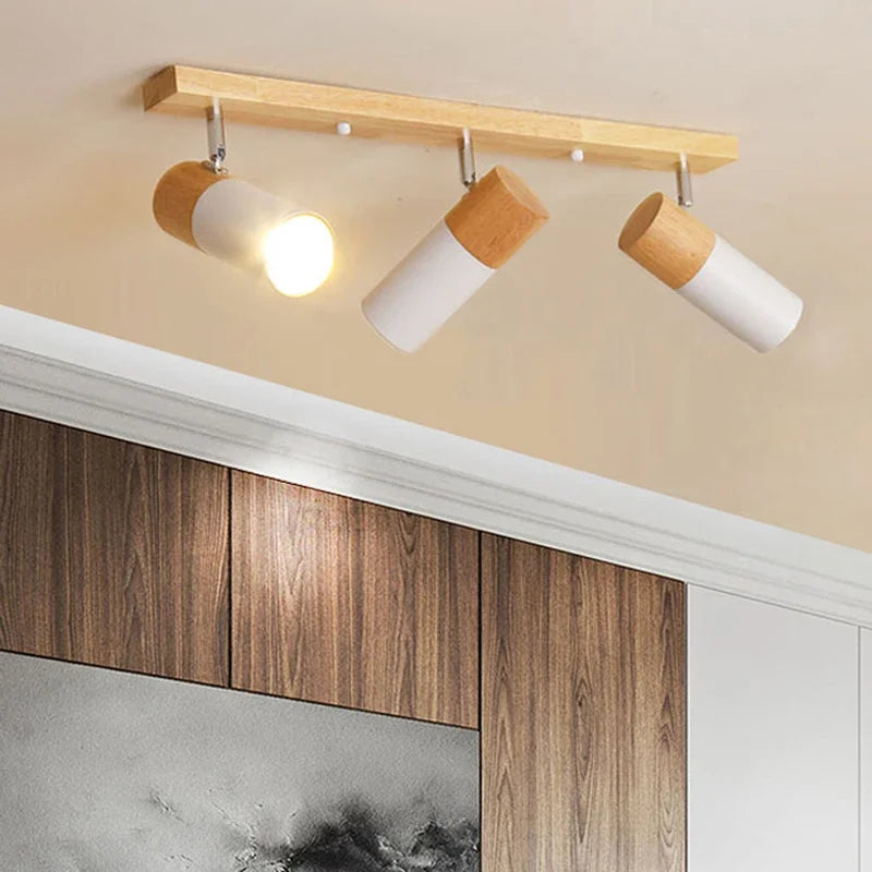 Wooden ceiling light with adjustable rotatable spotlight
