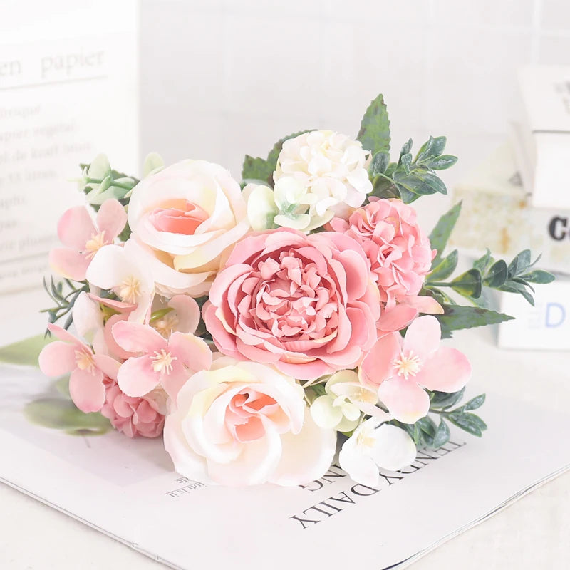 Artificial silk peony and hydrangea bouquet for wedding and home decoration - vue 11 sur 40
