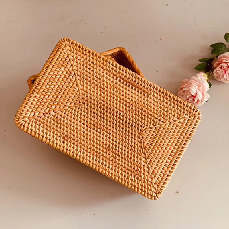 Handwoven rectangular rattan storage baskets for organising and decoration - vue 5 sur 8