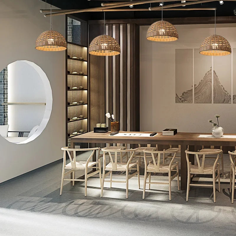 Rattan pendant chandelier with lampshade for hanging lighting - vue 7 sur 17