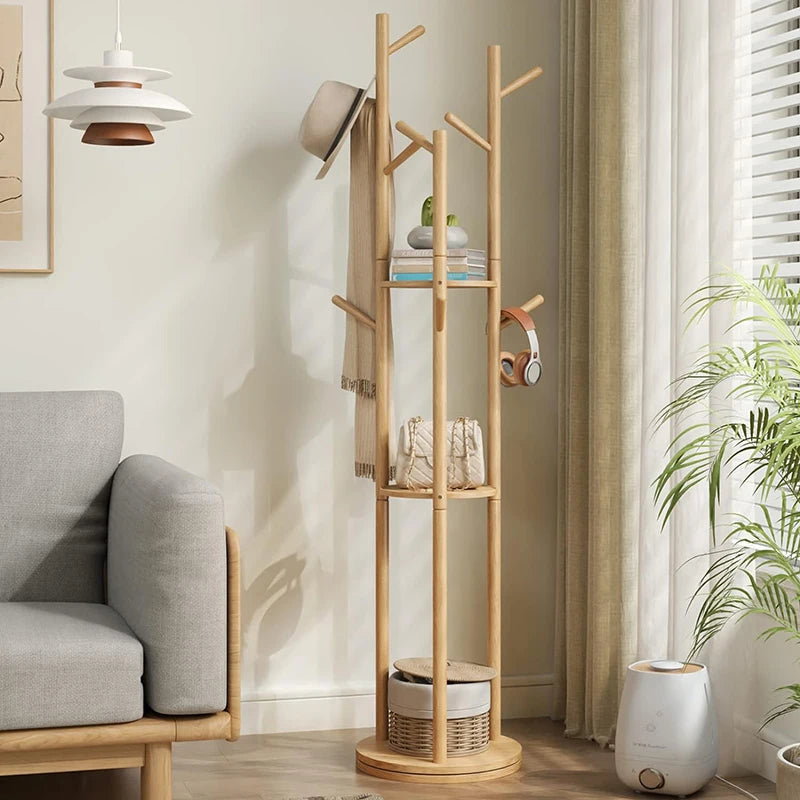rotating wooden coat rack with shelves and practical hooks