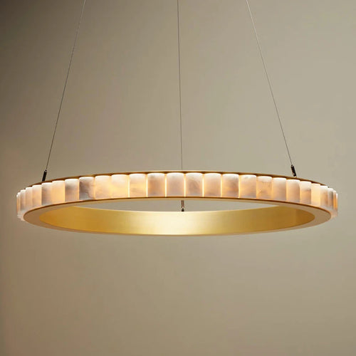 Postmodern LED ring chandelier in black and gold marble, round design for dining room - vue 4 sur 16