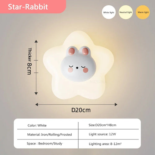 Modern minimalist LED wall light with star, moon, bear and bunny