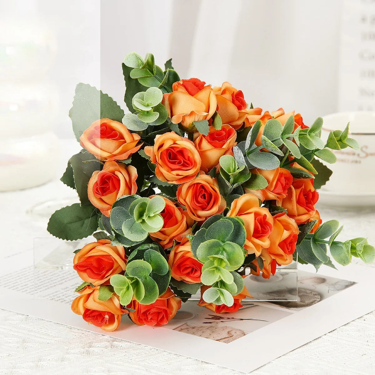 Set of 10 artificial roses bouquet with eucalyptus and peonies decorative - vue 8 sur 10