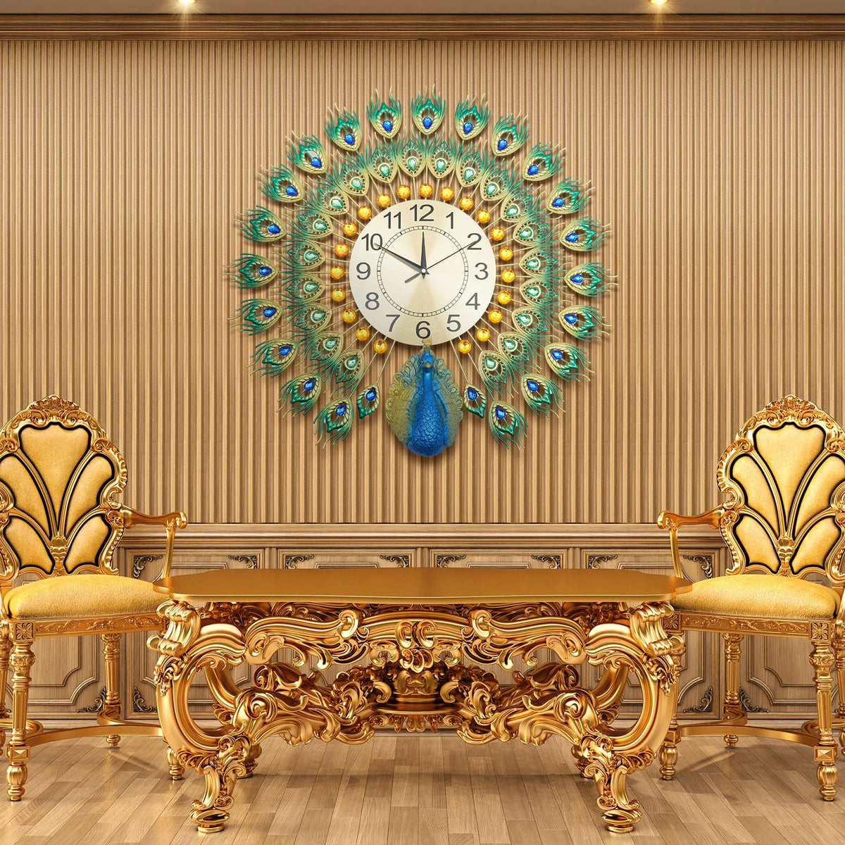 silent metal wall clock peacock pattern decorative interior