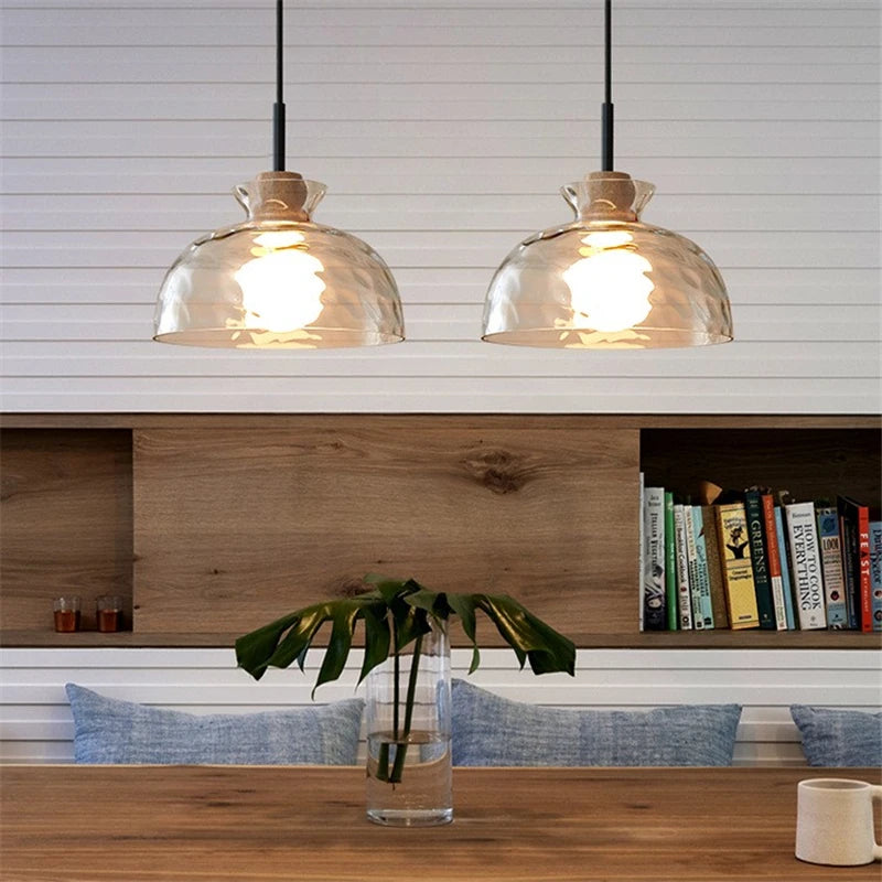 Retro nordic water grain glass and wood LED pendant light - vue 4 sur 11