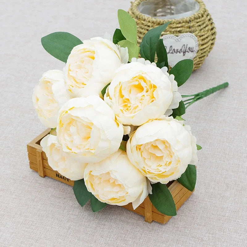 7 Heads Artificial Peony Bouquets Wedding Flowers Arrangement,Blue Red White Silk Peonies Flower Home Office Table Decoration