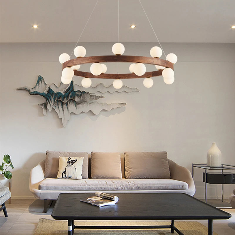 Round walnut chandelier with modern LED glass bulbs