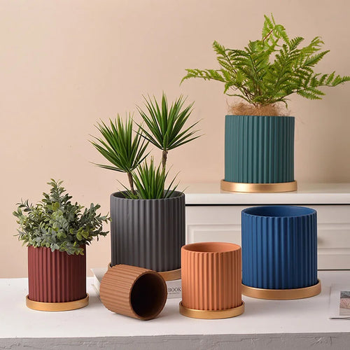 ceramic flower pot vertical lines for indoor plants - vue 2 sur 23