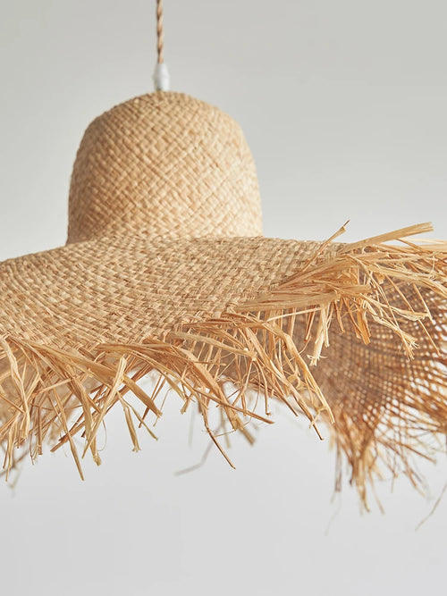 Vintage Japanese handmade woven straw hat pendant light - vue 5 sur 6