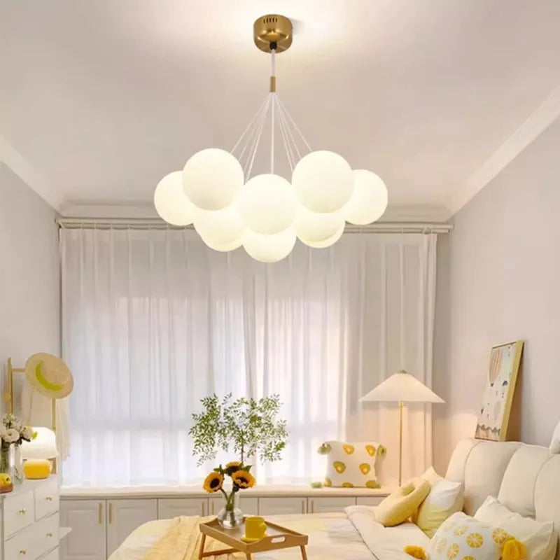 Modern glass chandelier with white LED spheres for living and dining room