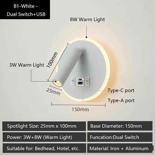 Modern wall light with USB ports and adjustable reading lamps - vue 17 sur 16