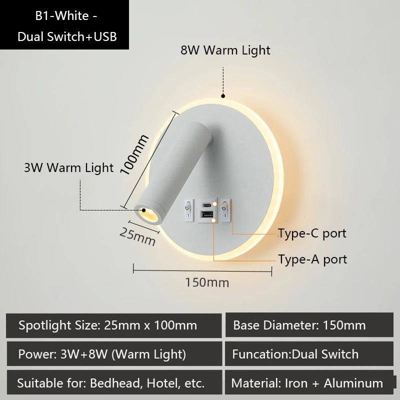 Modern wall light with USB ports and adjustable reading lamps - vue 16 sur 16