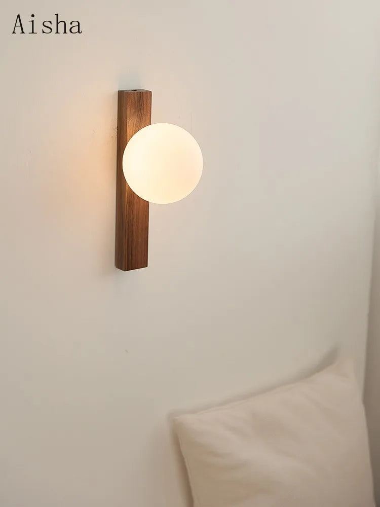 Retro walnut wall light with decorative glass - vue 3 sur 7