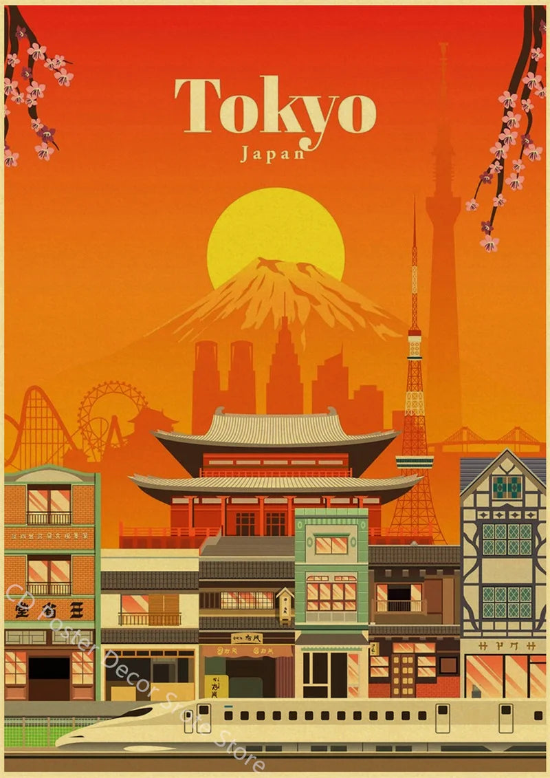 Vintage world cities architecture retro wall decor poster