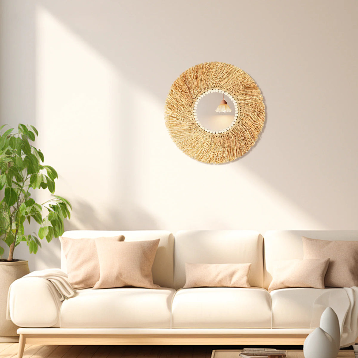miroir décoratif en perles de bois et bambou fait main - vue 4 sur 7