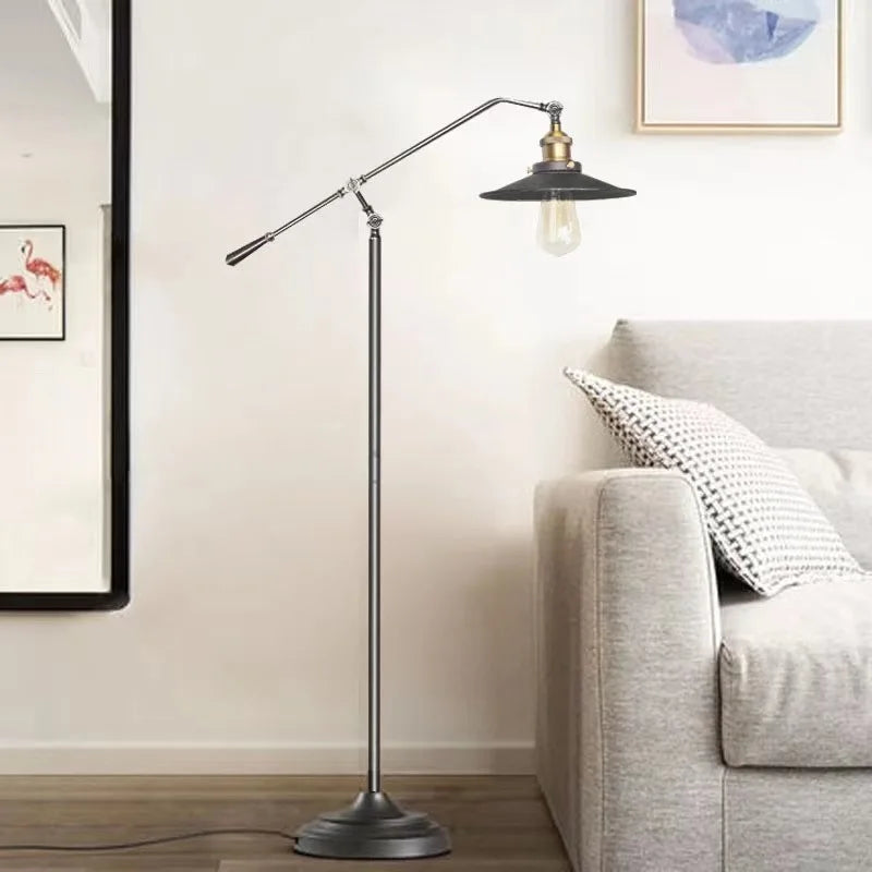 Vintage industrial wrought iron long arm floor lamp - vue 5 sur 7