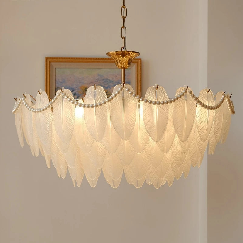 Luxury glass and feather ceiling light for decorative indoor lighting