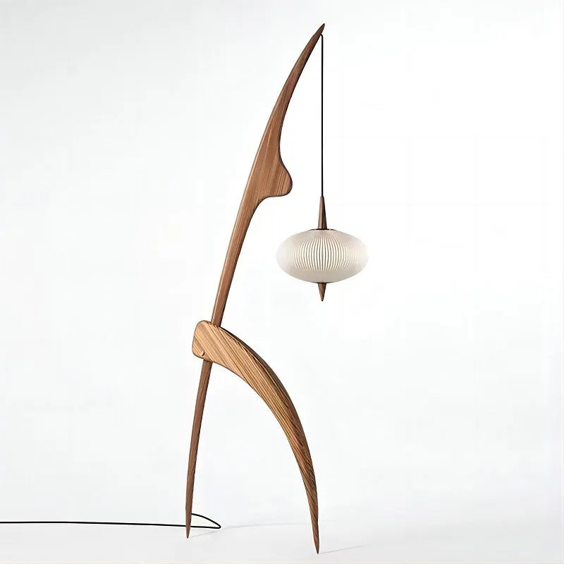 designer floor lamp in walnut wood with hanging lamp