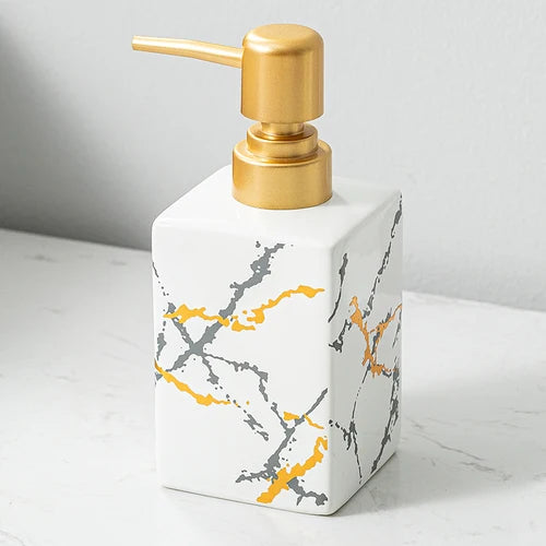 ceramic soap dispenser with gold pump for bathroom - vue 11 sur 17
