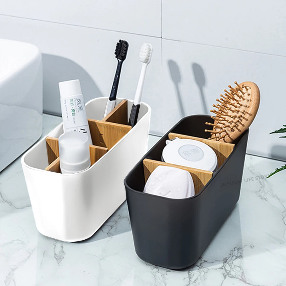 Bamboo toothbrush holder and bathroom accessories organiser