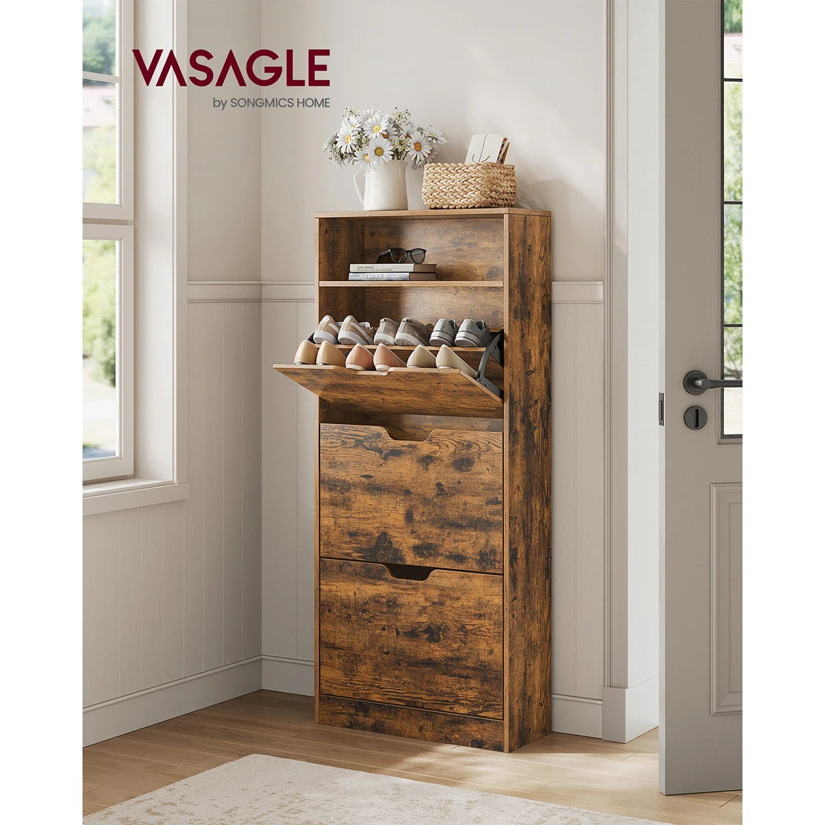 Shoe Cabinet with 3 Hinged Doors, Open Compartment, Adjustable Divider, 14 to 18 Pairs, 24 x 60 x 139 cm, Brown